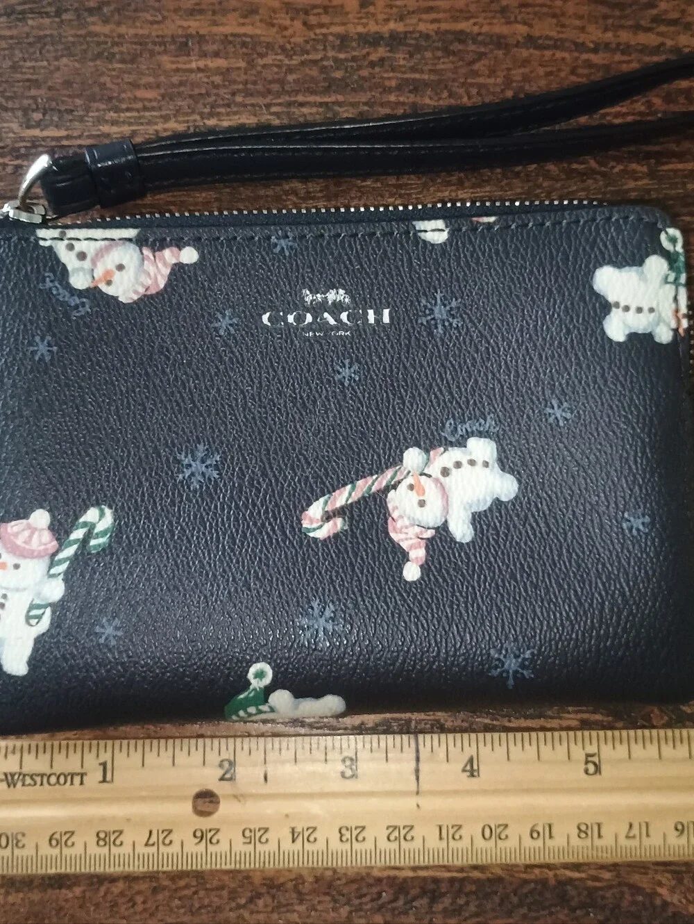 Coach Black Wristlet with Snowman Candy-Cane Print Gift Festive